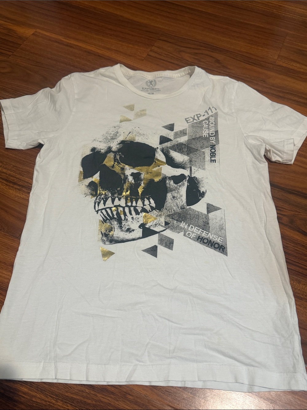 Express White Short-Sleeve Tee with Black and Gold Skull Graphic
